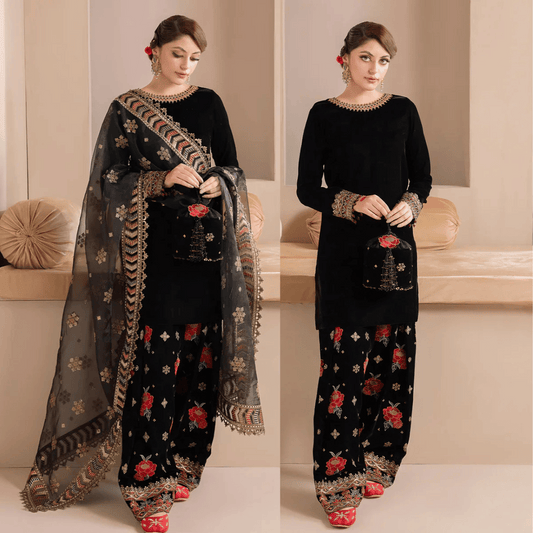 978-3PC Embroidered Velvet Dress With Organza embroidered Dopata