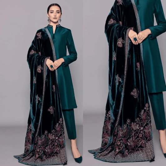982- 3PC Shamoz Silk Dress Embroidered Velvet Shawl