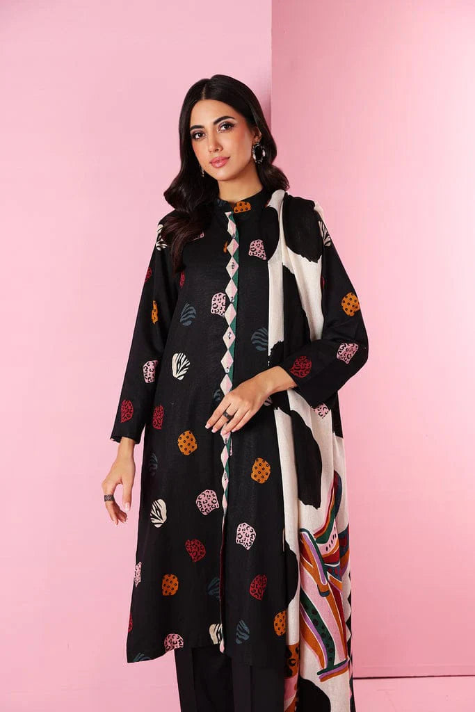 Khaadi Black Dhanak Embroidered 3 piece With Wool Shawl 18404