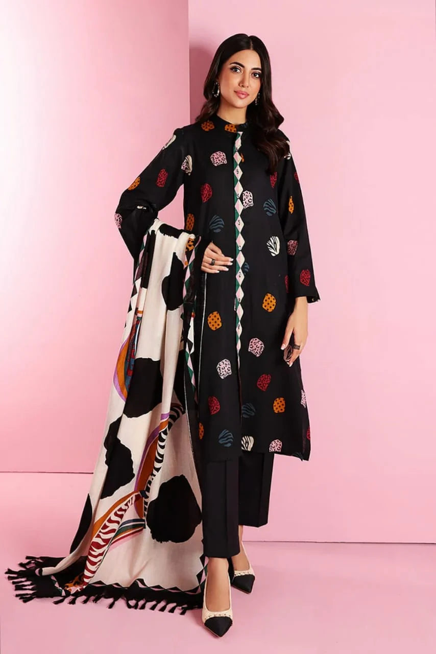 Khaadi Black Dhanak Embroidered 3 piece With Wool Shawl 18404