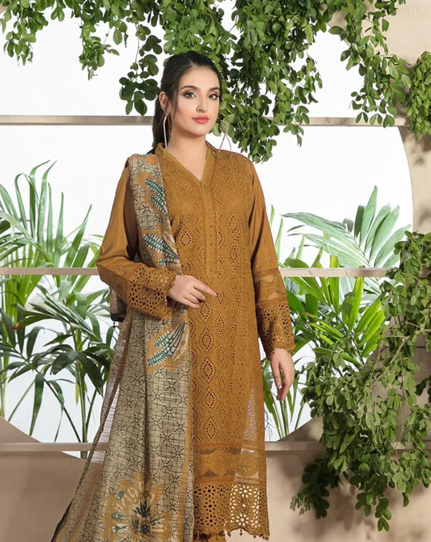 Chikenkari Dhanak Embroidered Three Piece Collection (D-762 Musturd)