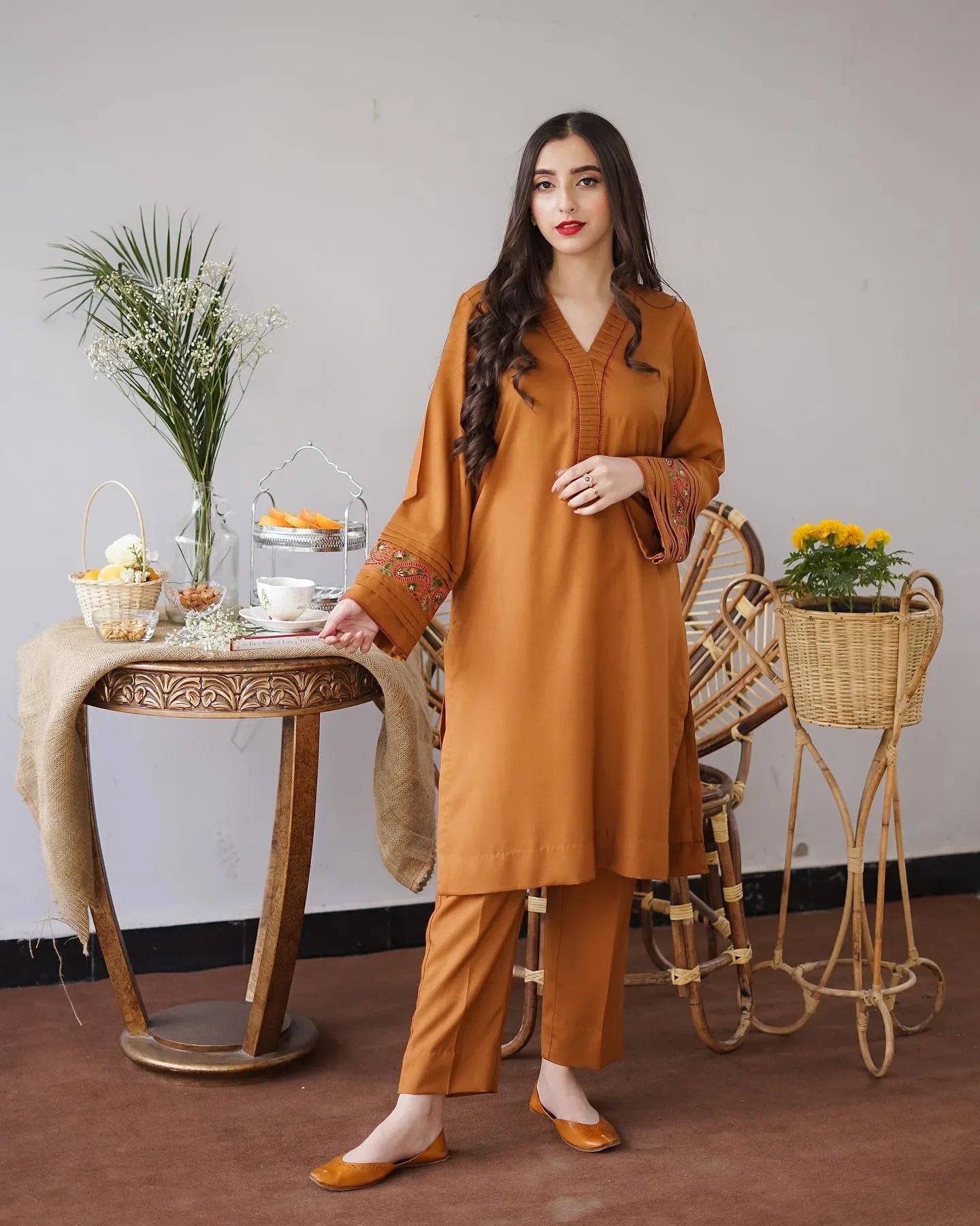 Embroidered Three Piece With Dhanak Duppata Fcc-476 (Musturd Dhanak)