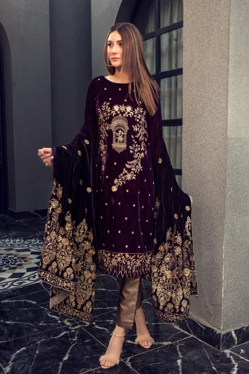 Embroidered Velvet 3 Piece With Velvet Shawl - FCC ZC-112