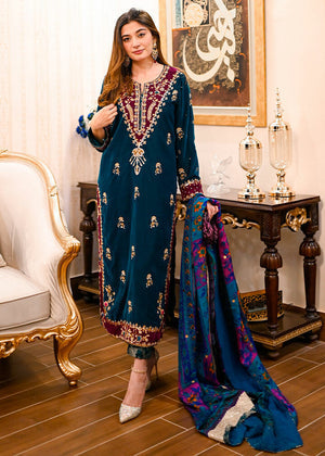 101 Embroidered Velvet Dress with Wool Shawl