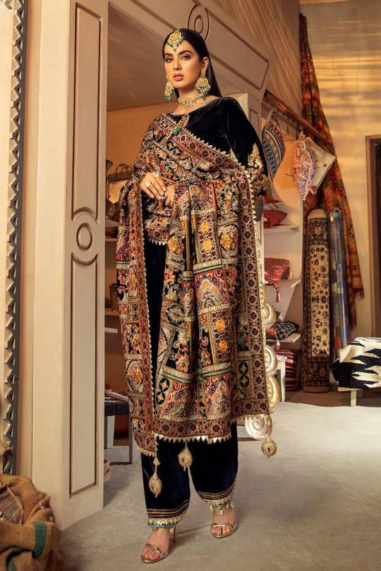 Black Embroidered Velvet 3 piece With Karandi Shawl - FCC ZC-115