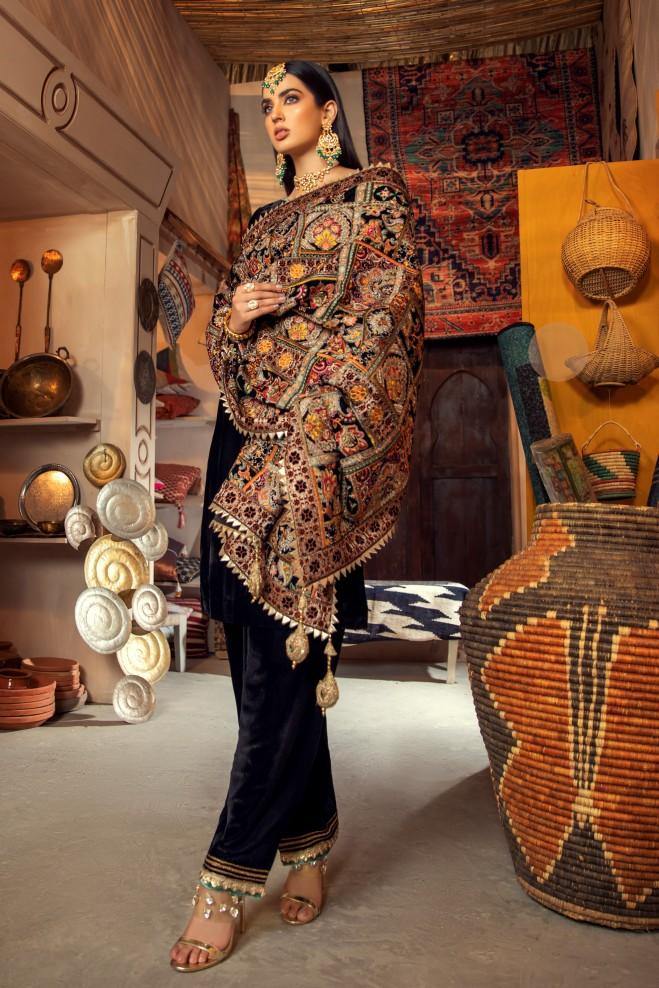Black Embroidered Velvet 3 piece With Karandi Shawl - FCC ZC-115