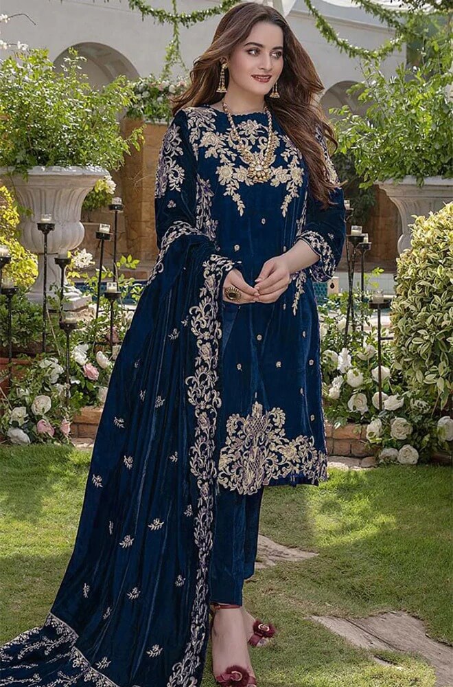 955 Embroidered Velvet Three piece With Velvet Shawl