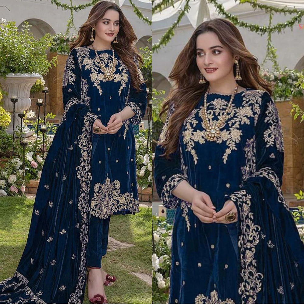 955 Embroidered Velvet Three piece With Velvet Shawl