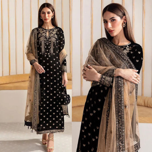 963-3PCs Embroidered Velvet Dress With Embroidered Organza Dupatta