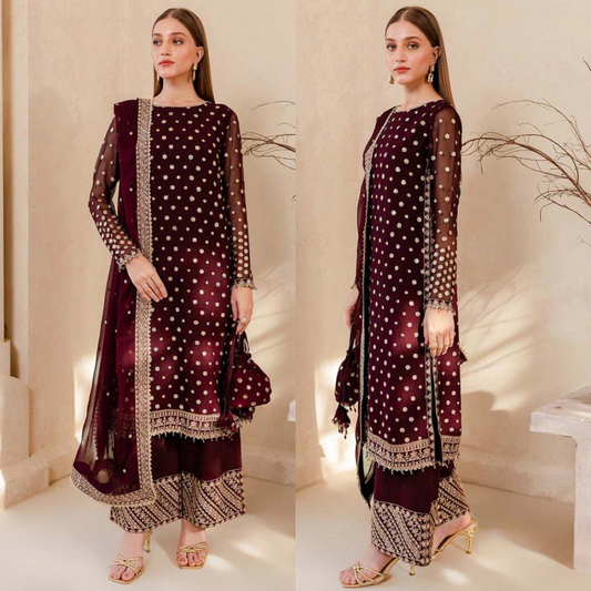 960-3PC Embroidered Velvet Dress With Embroidered Organza Dupatta
