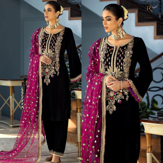 964-3PCs Velvet Dress With Embroidered Organza Dupatta