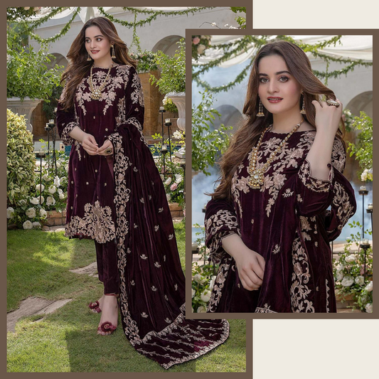 954 Embroidered Velvet Three piece with Velvet Shawl