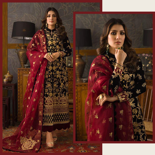 299 3PC Velvet Embroidered Shirt With Organza  Embroidered Dupatta